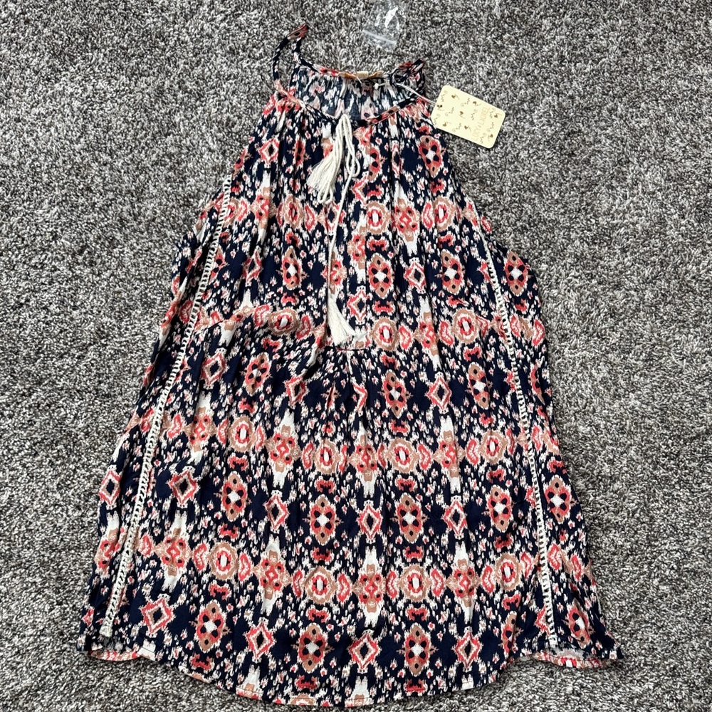 Lucy & Laurel Navy, Coral & Cream Printed Halter Dress